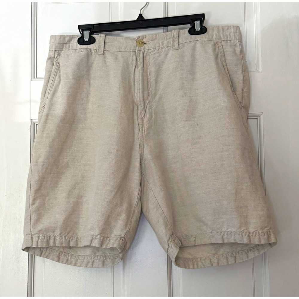 Nautica Mens Linen Cotton Shorts 36W Beige Khaki Flat Front Casual